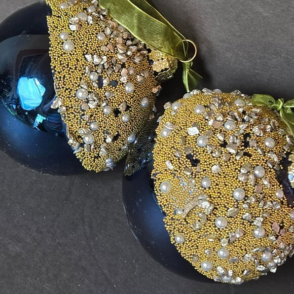 Frontgate Royal Blue Gold Beaded Pearl Glass Ornaments Set Of 2 Luxury 4 Inch - Picture 4 of 10